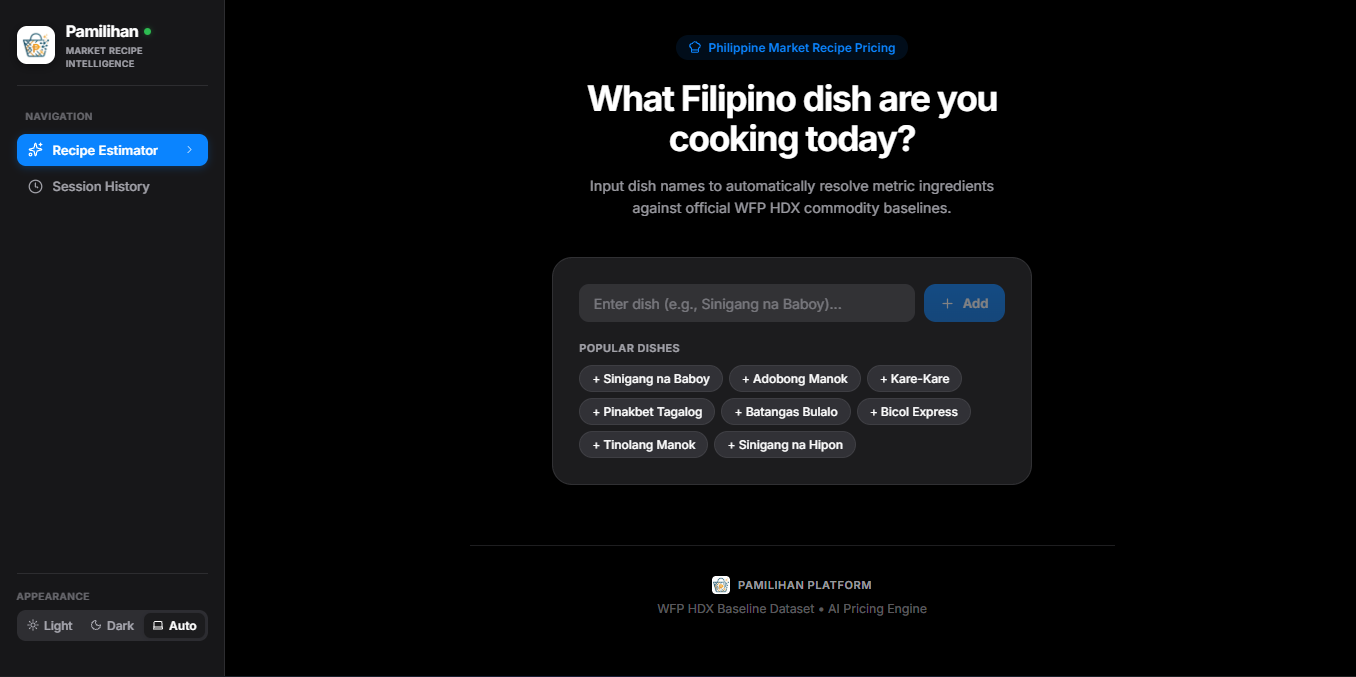 Automated ingredient pricing calculation and serving cost breakdown for local dishes.